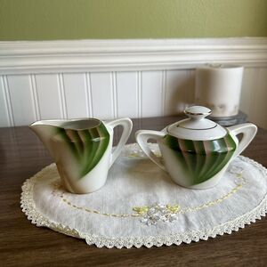 Shinwa China Made In Japan Creamer And Sugar Bowl Set  Green And Brown Airbrush